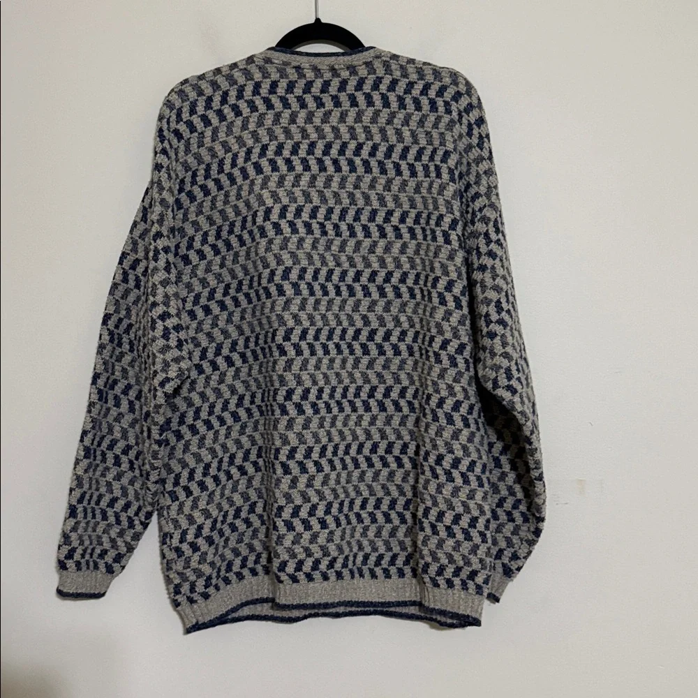 Vintage Bill Blass V-Neck knit Sweater Blue Gray checkered men L grandpa Y2K